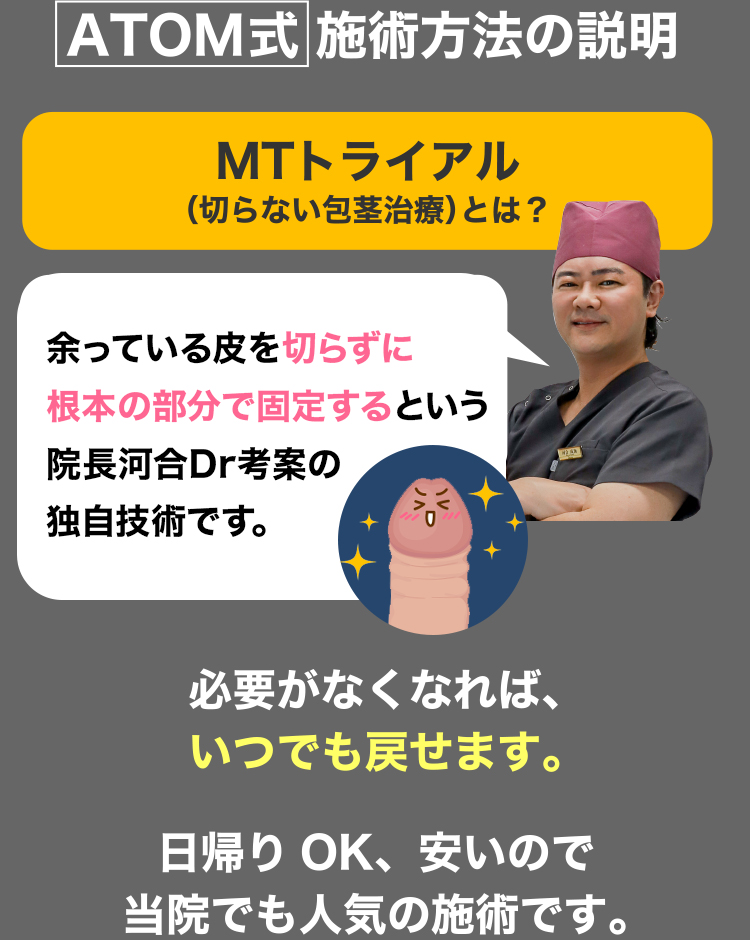 ATOM式 施術方法の説明 MTトライアル（切らない包茎治療）とは？